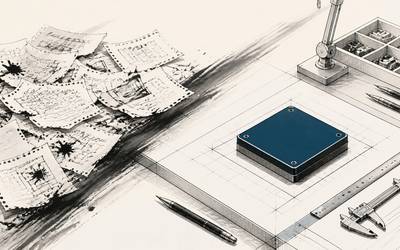 Ink-stained torn technical drawings lie beside a blue rectangular component and measuring tools.