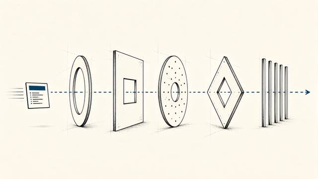 A request passes through successive quality gates before reaching a final delivery boundary.