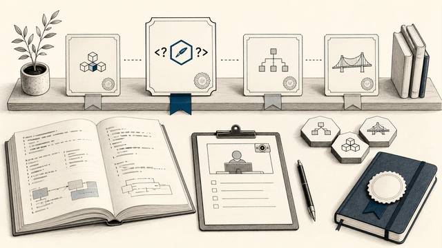Framed badges with symbols and question marks sit above an open book and a checklist.