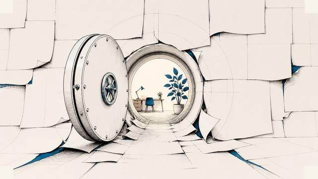 An open vault door in a cracked paper wall reveals a small table and blue plant beyond it.