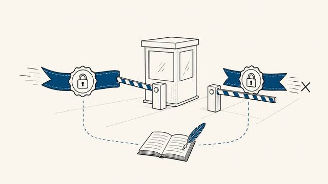 Two locked access gates protect a central credential checkpoint and reference book