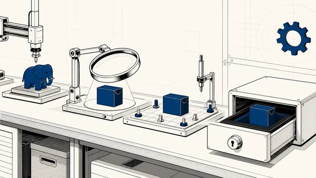 A PHP elephant, inspection lens and blue packages sit along an assembly line.