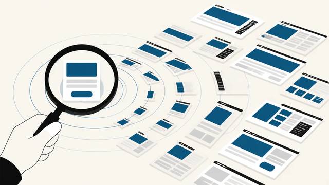 A magnifying glass isolates one button amid a sequence of redesigned webpage layouts