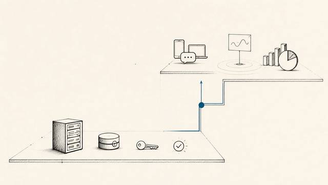 A blue path connects a lower shelf of server, database, key and check mark to devices and charts above.