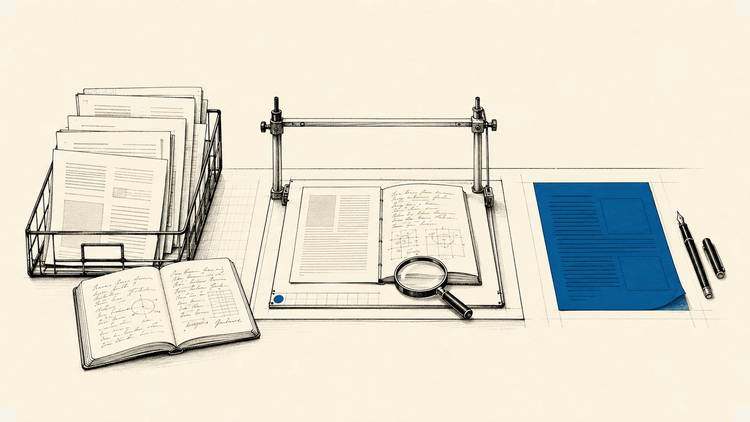 Article pages and research notes are reviewed before one new draft is prepared.