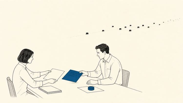 Two people turn a useful blue answer sheet into a decision while recommendation traces fade in the background.