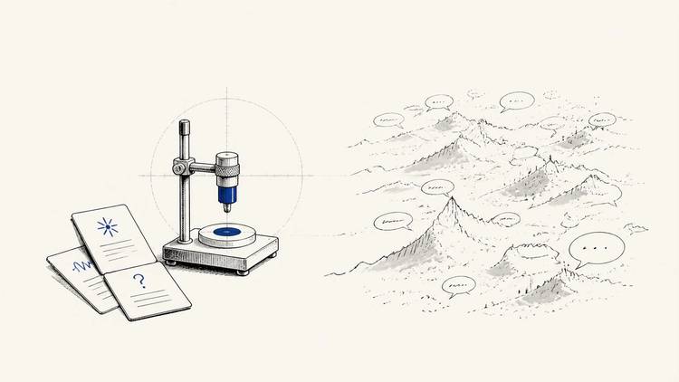 A testing device samples prompt cards beside a landscape of disconnected conversation bubbles.
