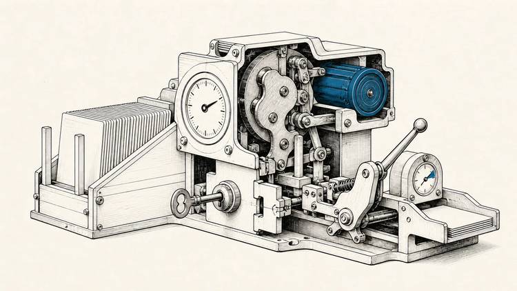 A blue model cartridge sits inside a larger mechanism for data, rules, authority, and verification.