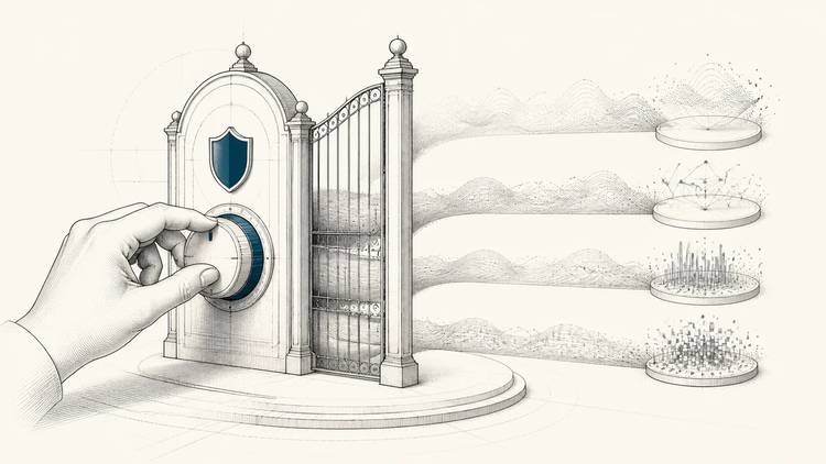 A hand turns a blue dial on a shielded gate beside four layers of abstract data patterns.