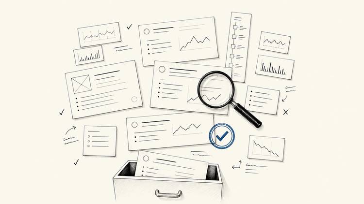 Article cards are reviewed with a magnifier before being kept, revised, or filed away
