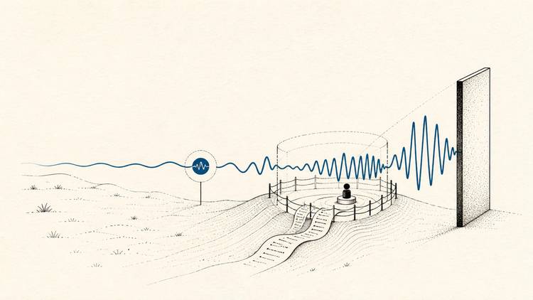 A blue AI signal moves from open terrain through human oversight to a firm boundary