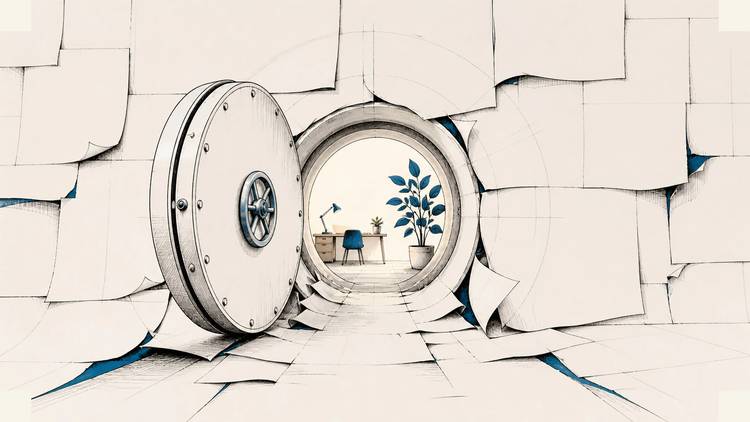 An open vault door in a cracked paper wall reveals a small table and blue plant beyond it.