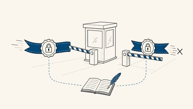Two locked access gates protect a central credential checkpoint and reference book