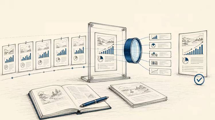 Monthly reports pass through a blue evidence filter before reaching a final human decision.