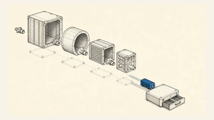 A blue application core leaves four disconnected infrastructure shells and moves along a rail into a compact runtime