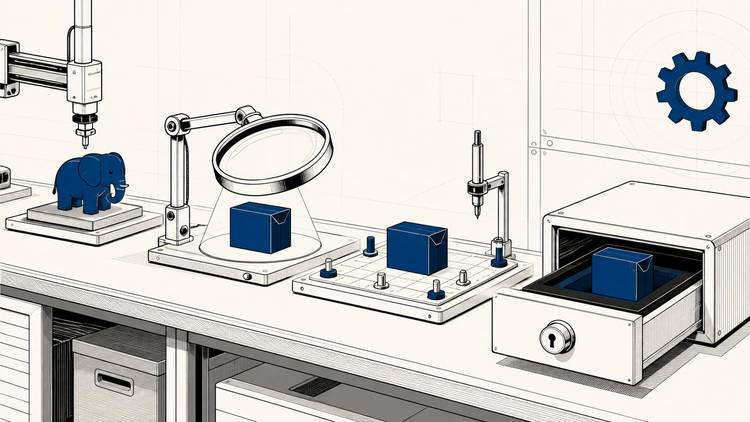 A PHP elephant, inspection lens and blue packages sit along an assembly line.