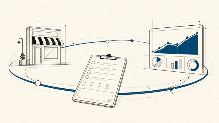 A feedback loop connects a storefront, field checklist, and live reporting dashboard.