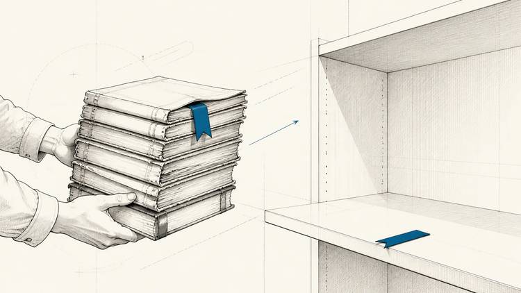 Hands carry a stack of bound books with a blue bookmark toward an empty shelf.
