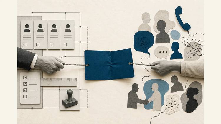 A blue lead card pulled from both sides shows the tension between corporate systems and customer conversations.
