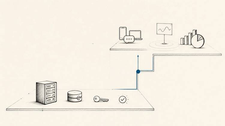 A blue path connects a lower shelf of server, database, key and check mark to devices and charts above.